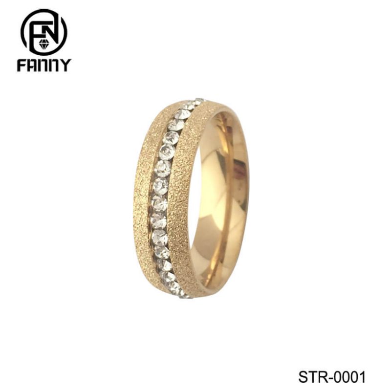 Sand-Rolling Stainless Steel Ring with CZ Inlay
