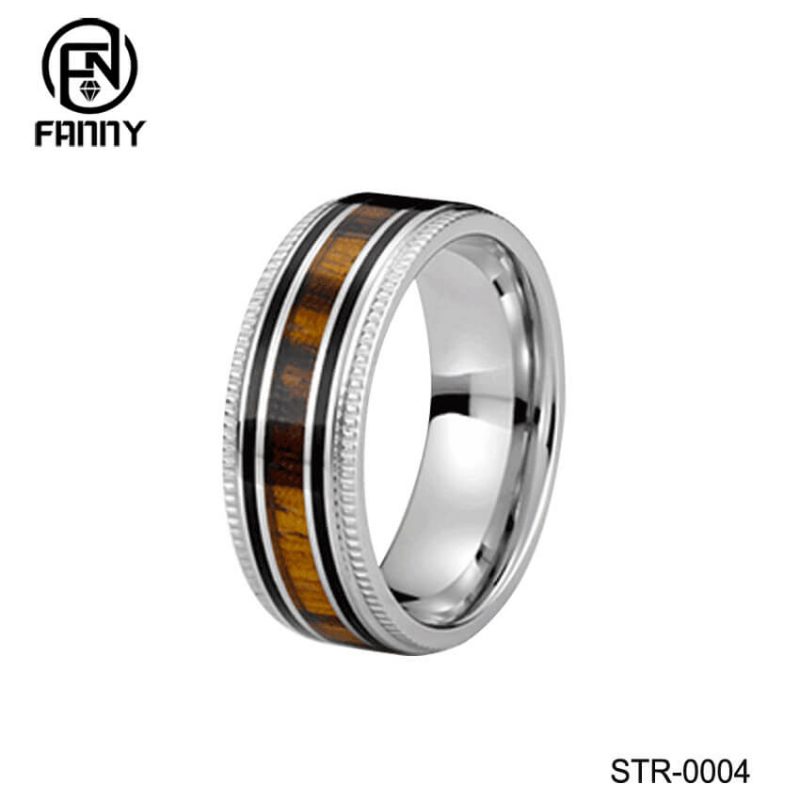 316L Stainless Steel Wood Rings with Milgrain Sides