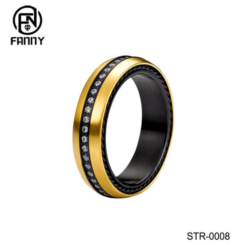 Brushed Stainless Steel CZ Rings with Gold Plated