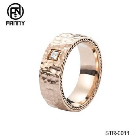 Hammered Stainless Steel Ring With CZ Inlay