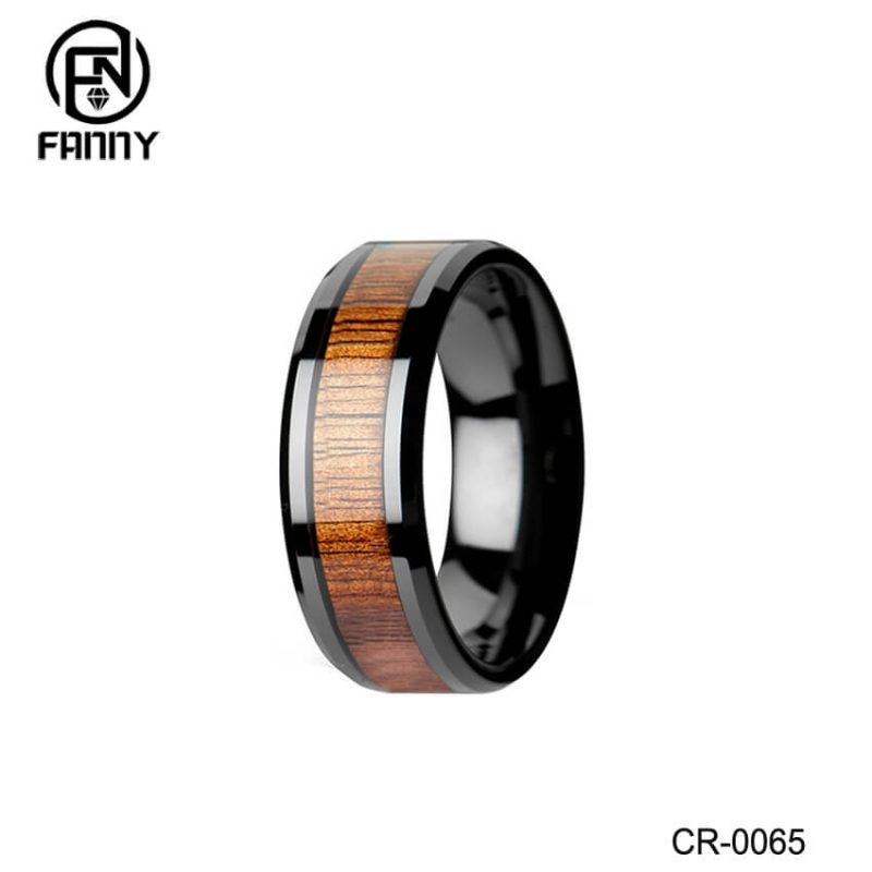 Men’s Black High-Tech Ceramic Wedding Band Ring with Real Koa Wood Inlay