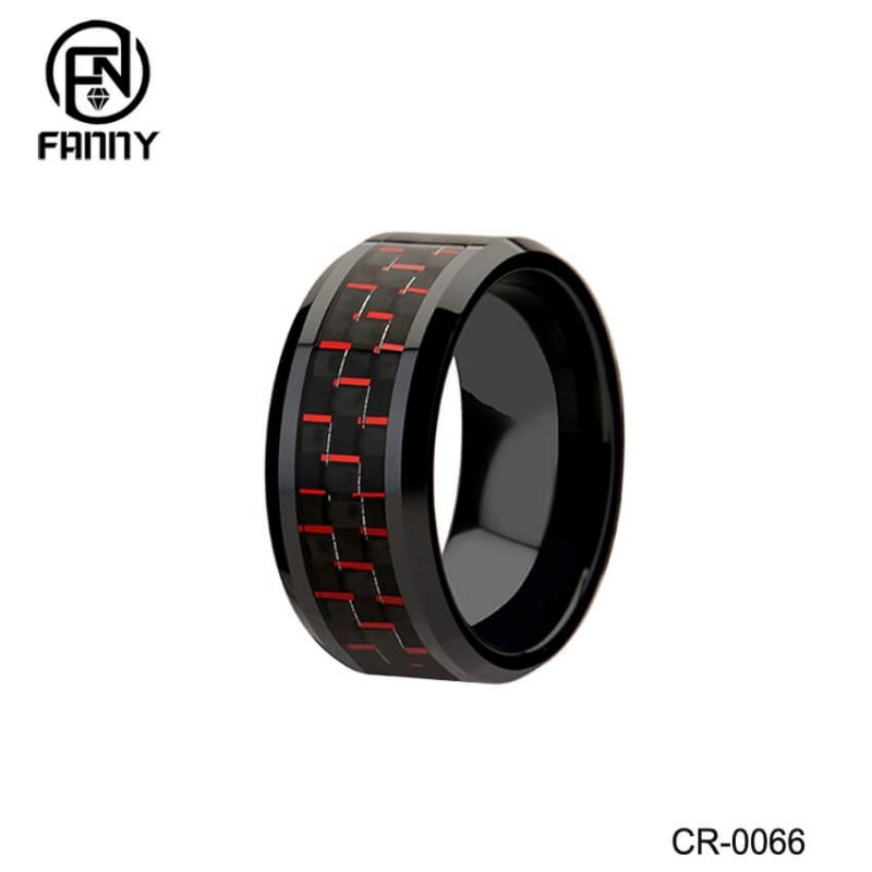 Anillo de cerámica negro de alta tecnología con incrustación de fibra de carbono roja negra