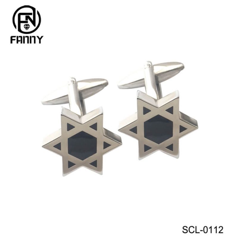 Pentagrama Esmalte Preto Aço Inoxidável Cufflinks