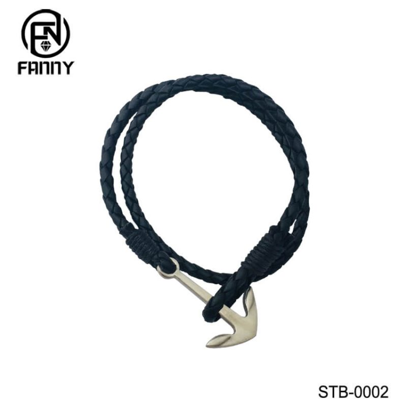 Braided Leather Bracelet with Stainless Steel Anchor
