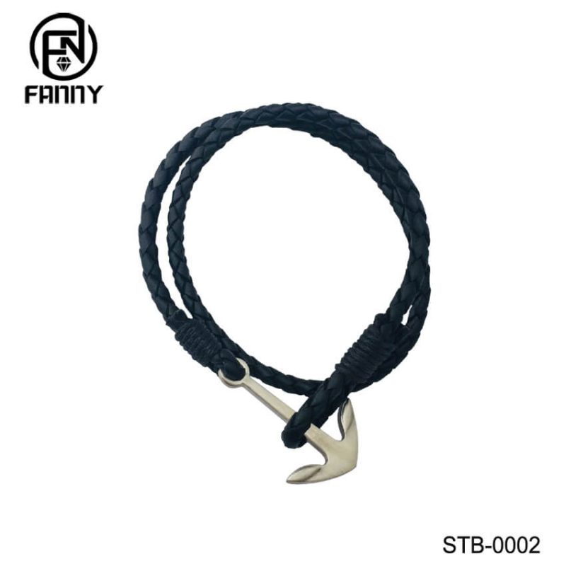 Pulsera de cuero trenzado con anclaje de acero inoxidable