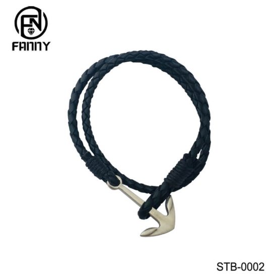 Braided Leather Bracelet with Stainless Steel Anchor Factory