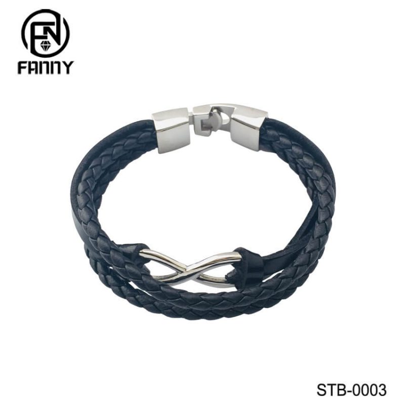 Men’s Woven Leather Bracelet with Stainless Steel