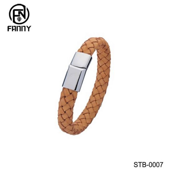 Men's Leather Braided Bracelet with Stainless Steel Magnet Buckle China Jewelry Factory