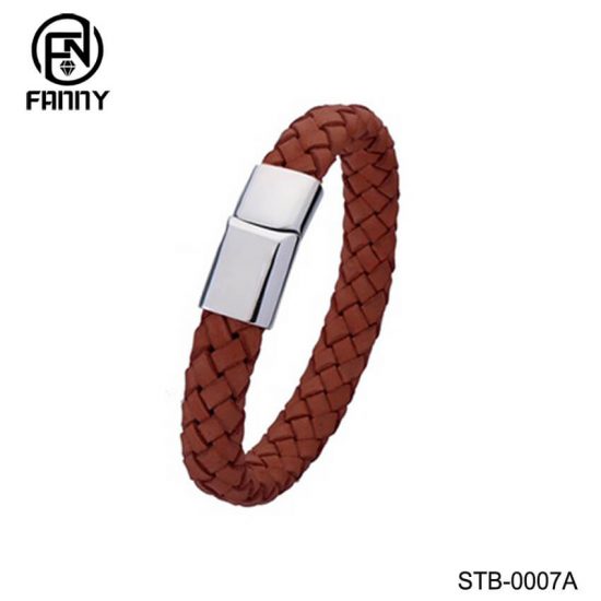 Men's Leather Braided Bracelet with Stainless Steel Magnet Buckle Jewelry Factory