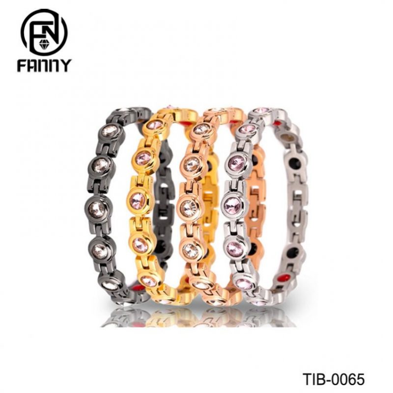 Fashionable Female Titanium Magnetic Therapy Bracelet with CZ Stone