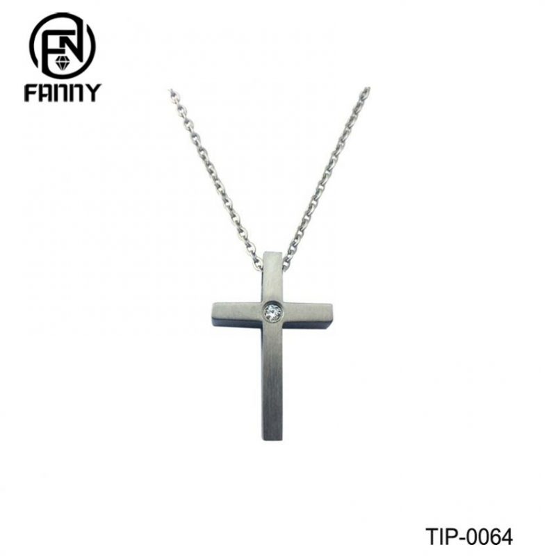 Latin Cross Titanium Cross Pendant with Cubic Zirconia