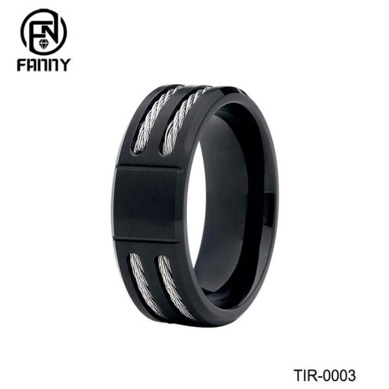 Men's Black Titanium Wedding Ring with Stainless Steel Wire Factory