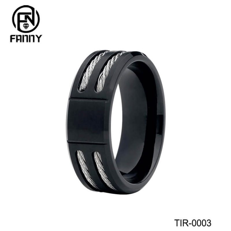 Men’s Black Titanium Wedding Ring with Stainless Steel Wire