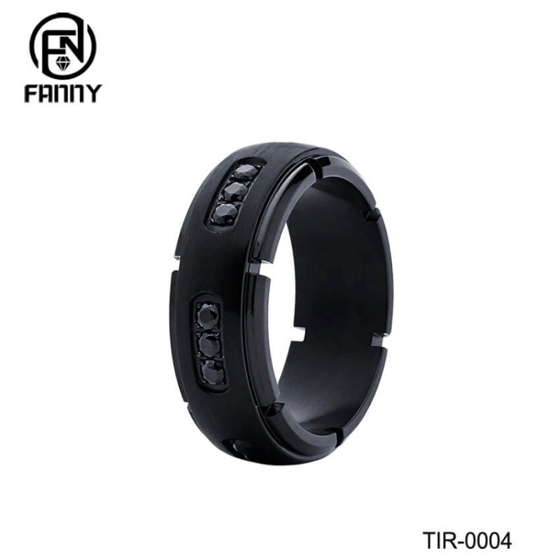 Black Brushed Titanium Wedding Ring, Black Cubic Zirconia