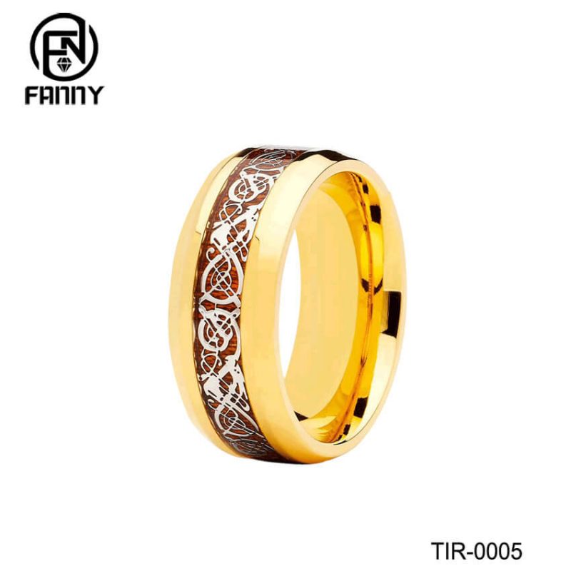 Golden Titanium Celtic Dragon Wood Inlay Wedding Ring
