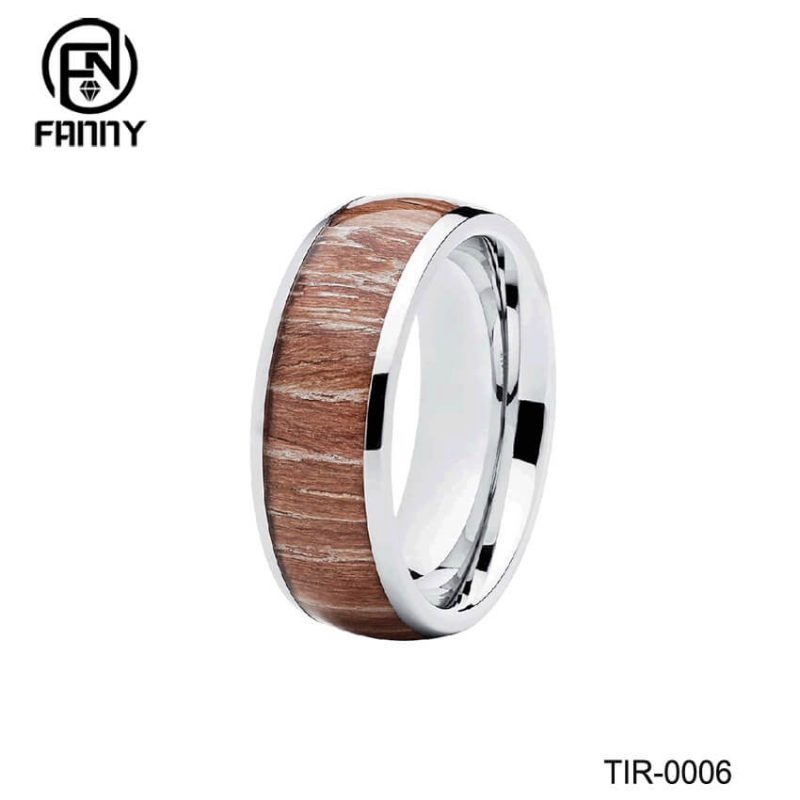 Solid Wood Inlay Titanium Wedding Ring with High Polished Dome Style