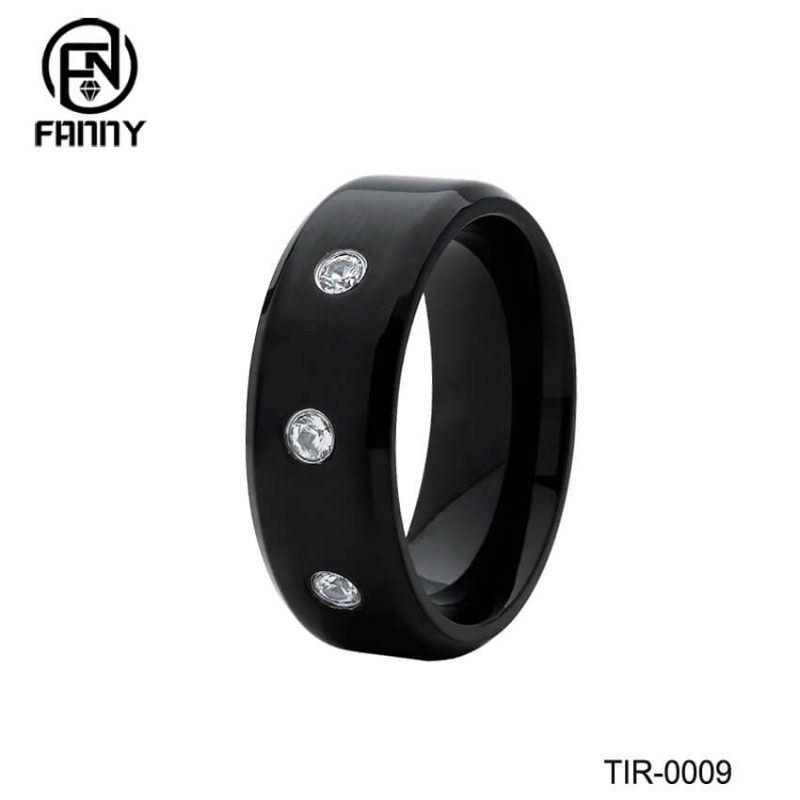 Simple IP Black Wedding Titanium Ring Set with CZ Stones