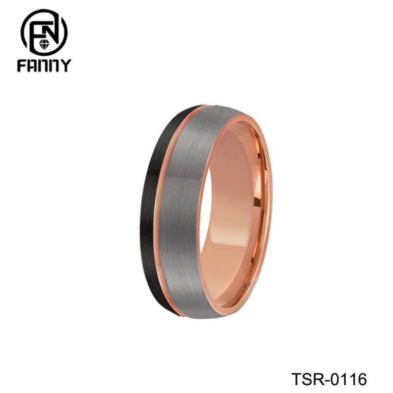 Anillo de bodas de carburo de tungsteno de oro rosa negro y plata cepillado