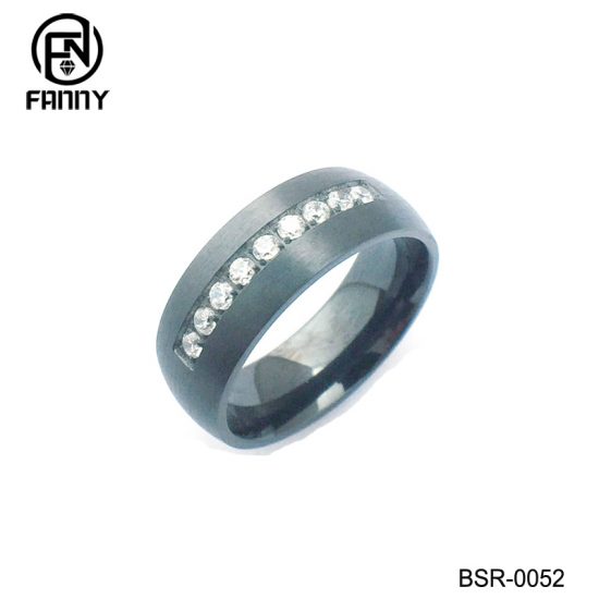 Black Titanium Ring CNC CZ Inlaid with Brushed Surface Hemispherical Factory