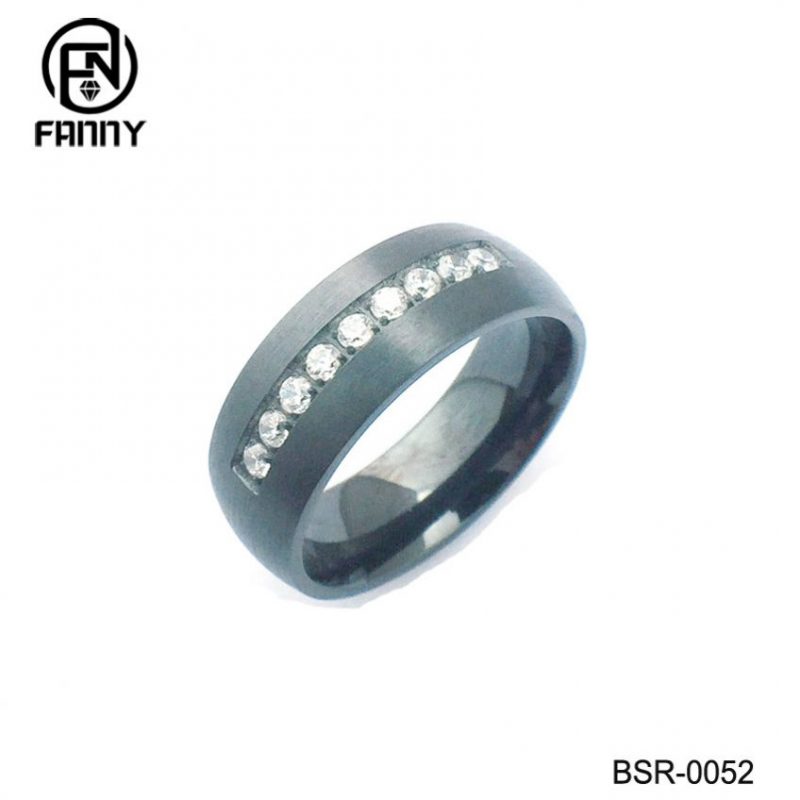 Anillo de titanio negro CNC CZ con incrustaciones de superficie cepillada hemisférica