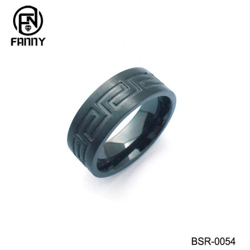 Great Wall Pattern Black Titanium Rings Fashion Simple Mens Rings Jewelry