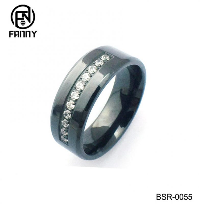 Men’s Black Titanium Ring Wedding Engagement Band with CZ inlay