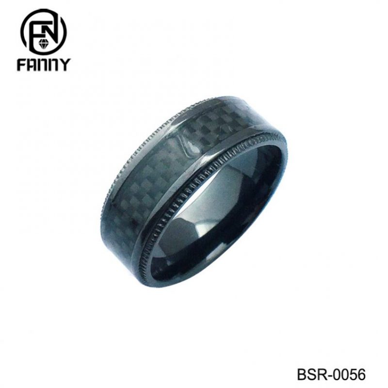 All Black Titanium Milgrain Ring Mens Wedding Band com incrustação de fibra de carbono preta