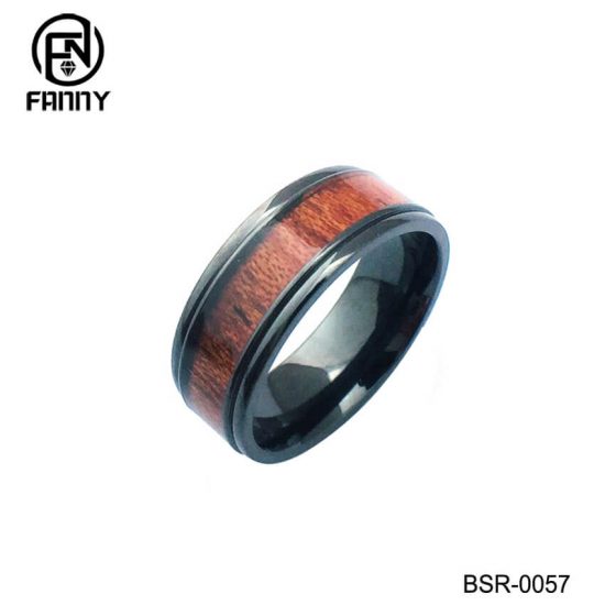 Black Titanium Step Edge Ring with Hawaiian Koa Wood Inlay  Factory