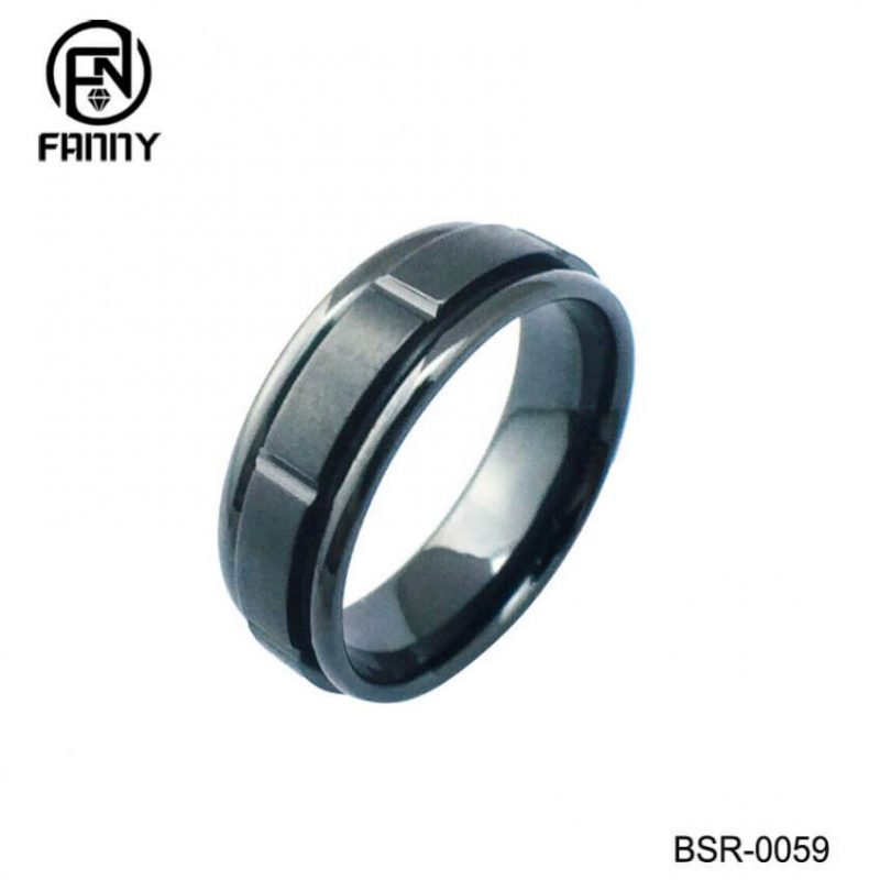 Black Titanium Ring With Brushed Center & Step Edges Wedding Band