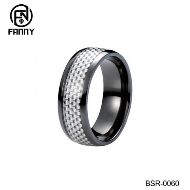 Zwarte Titanium Heren Witte Carbon Fiber Band Ring