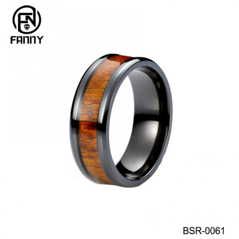 Mannen Zwarte Titanium Trouwring Real Koa Hout Inleg Ring