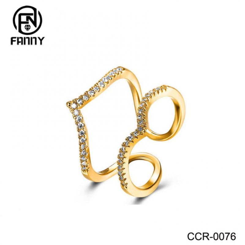 18K rosa glod chapeado latão joias finger ring cz diamante duplo v em forma de anel articular