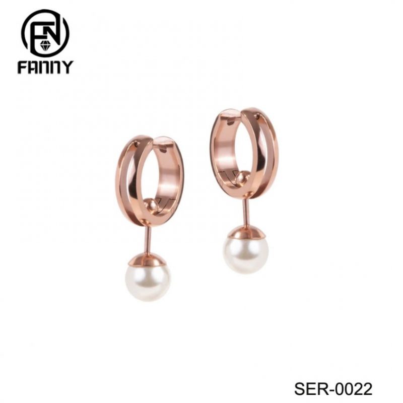 Simple Rose Gold 316L Stainless Steel Earrings with Freshwater Pearls for Ladies