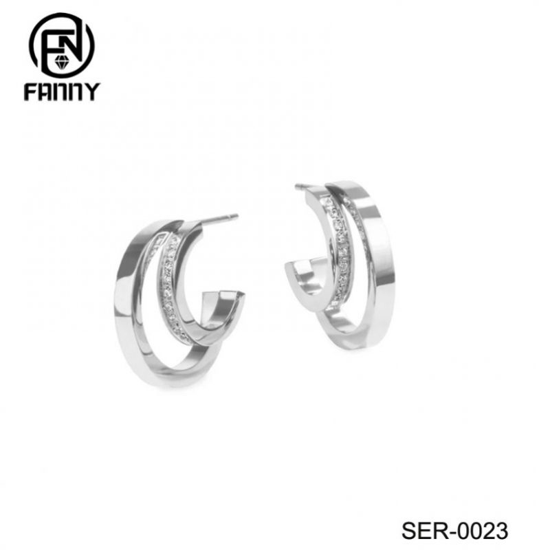 Personalized Custom C-Shaped Surgical Stainless Steel Earrings with CNC Inlaid Cubic Zirconia