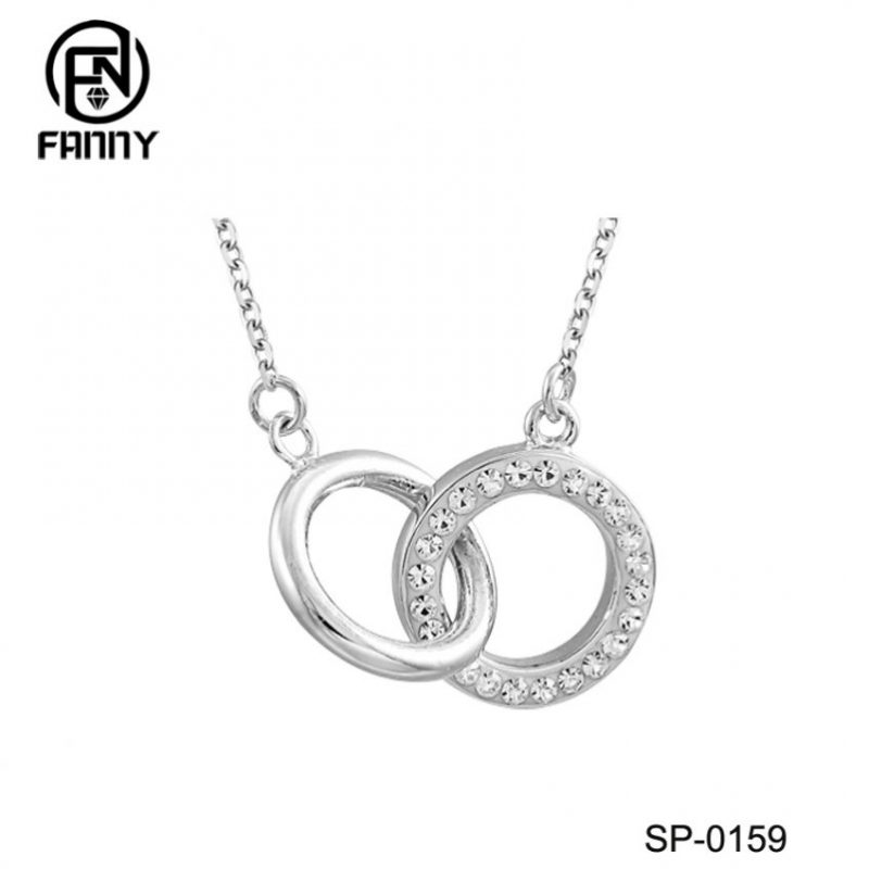 Double Circle 925 Sterling Silver Pendant Encrusted with White Crystal