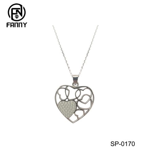 CZ Inlaid Double Heart Sterling Silver Lady Pendant Necklace