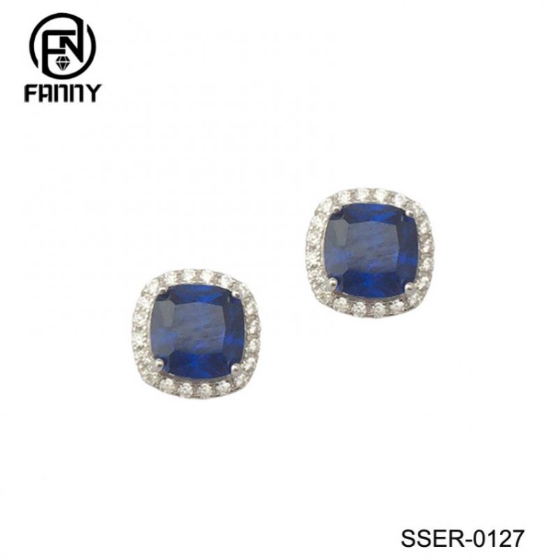 925 Sterling Silver Blue CZ Stud Earrings Silver Jewelry Factory