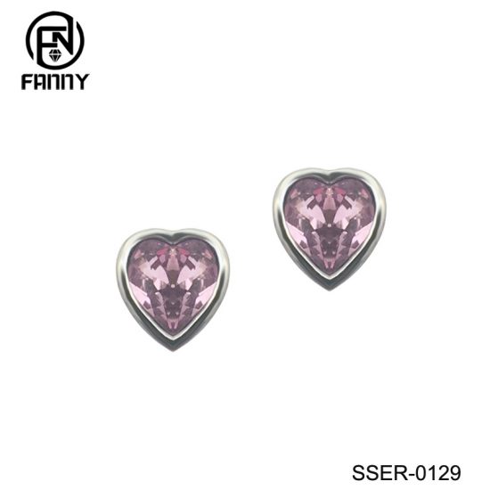 Heart Shape Purple CZ Heart Earrings Studs in Sterling Silver Jewelry Factory