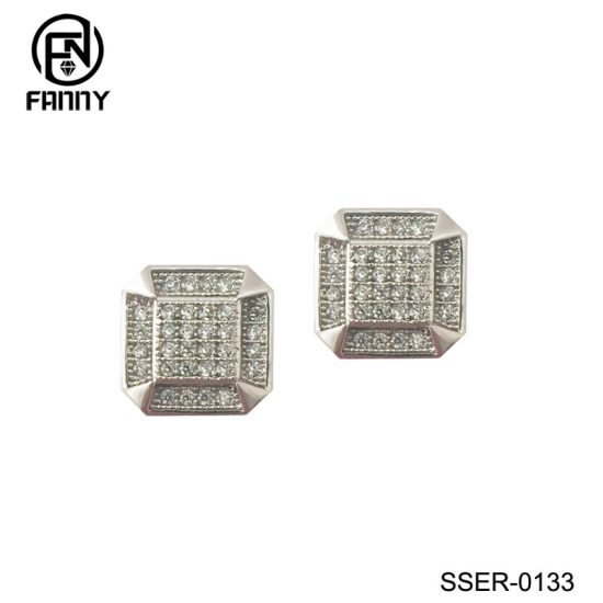 Mens Real Solid Square Sterling Silver CZ Earrings Studs Jewelry Factory