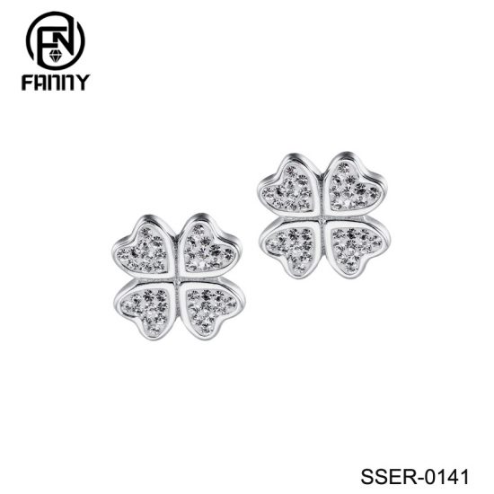 925 Sterling Silver Lucky Four (4) Leaf Clover Heart Shaped Crystal Stud Earrings Factory