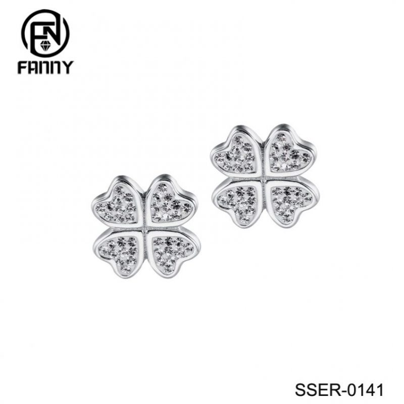 925 Argento Sterling Lucky Four (4) Leaf Clover Heart Shaped Crystal Stud Orecchini