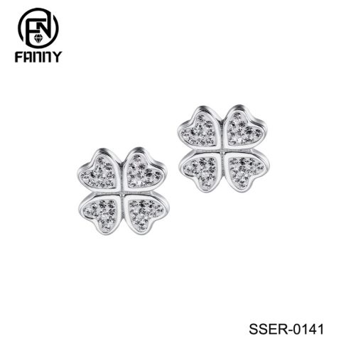 925 Sterling Silver Lucky Four (4) Leaf Clover Heart Shaped Crystal Stud Earrings