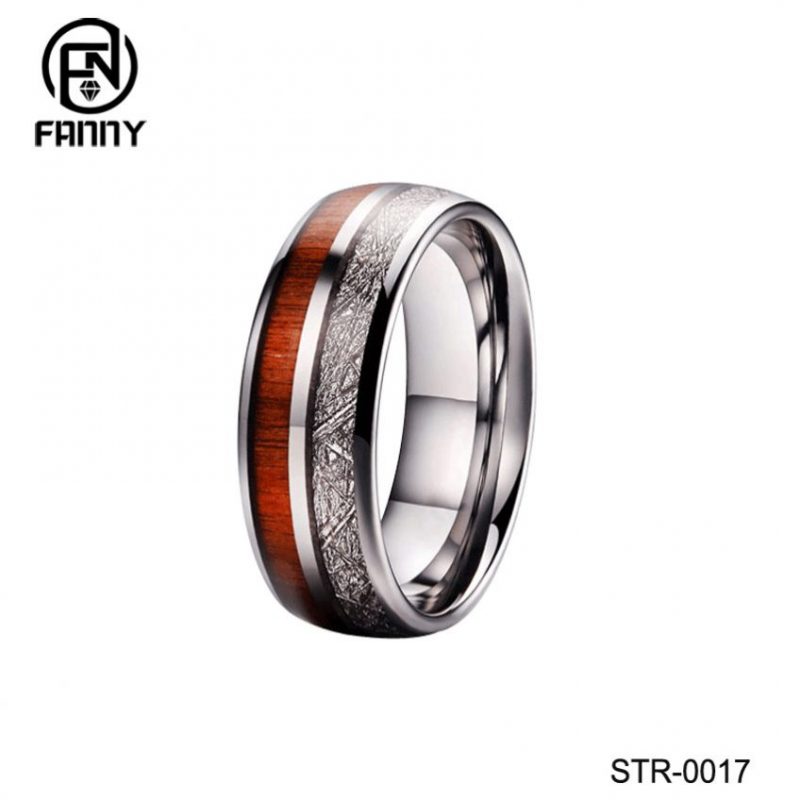Stainless Steel Wedding Ring Inlaid with KOA Wood Grain and Meteorite