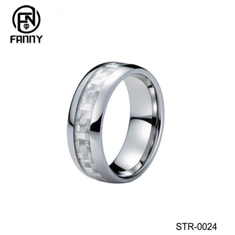 Simple Inlaid Stainless Steel Ring, Carbon Fiber Dome