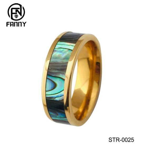 Men's Gold-Plated Stainless Steel Ring with Abalone Mother-of-pearl Chinese Manufacturer