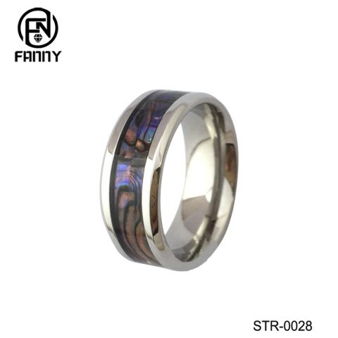 Classic Beveled Stainless Steel Ring Inlaid with Abalone Shell Paper