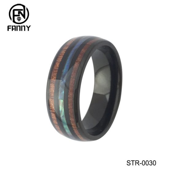 Men's Dome Black Stainless Steel Ring with KOA and Abalone Shell Paper Factory