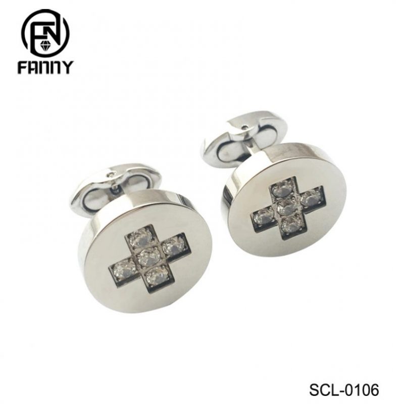 Round Surgical Stainless Steel Cufflinks with CNC Inlaid Cubic Zirconia