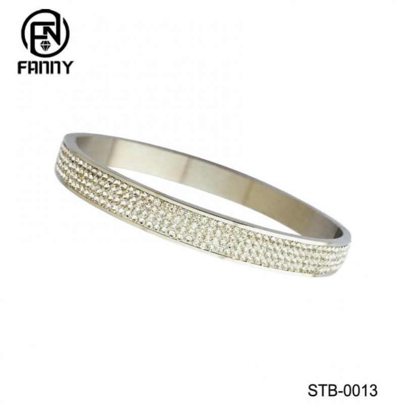 Simple Round 316L Stainless Steel Bangle, white Swarovski Crystal