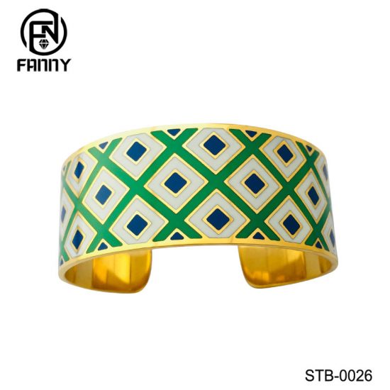 PVD Golden Quality Surgical Stainless Steel C-Shaped Bangle with Filled Enamel China Factory